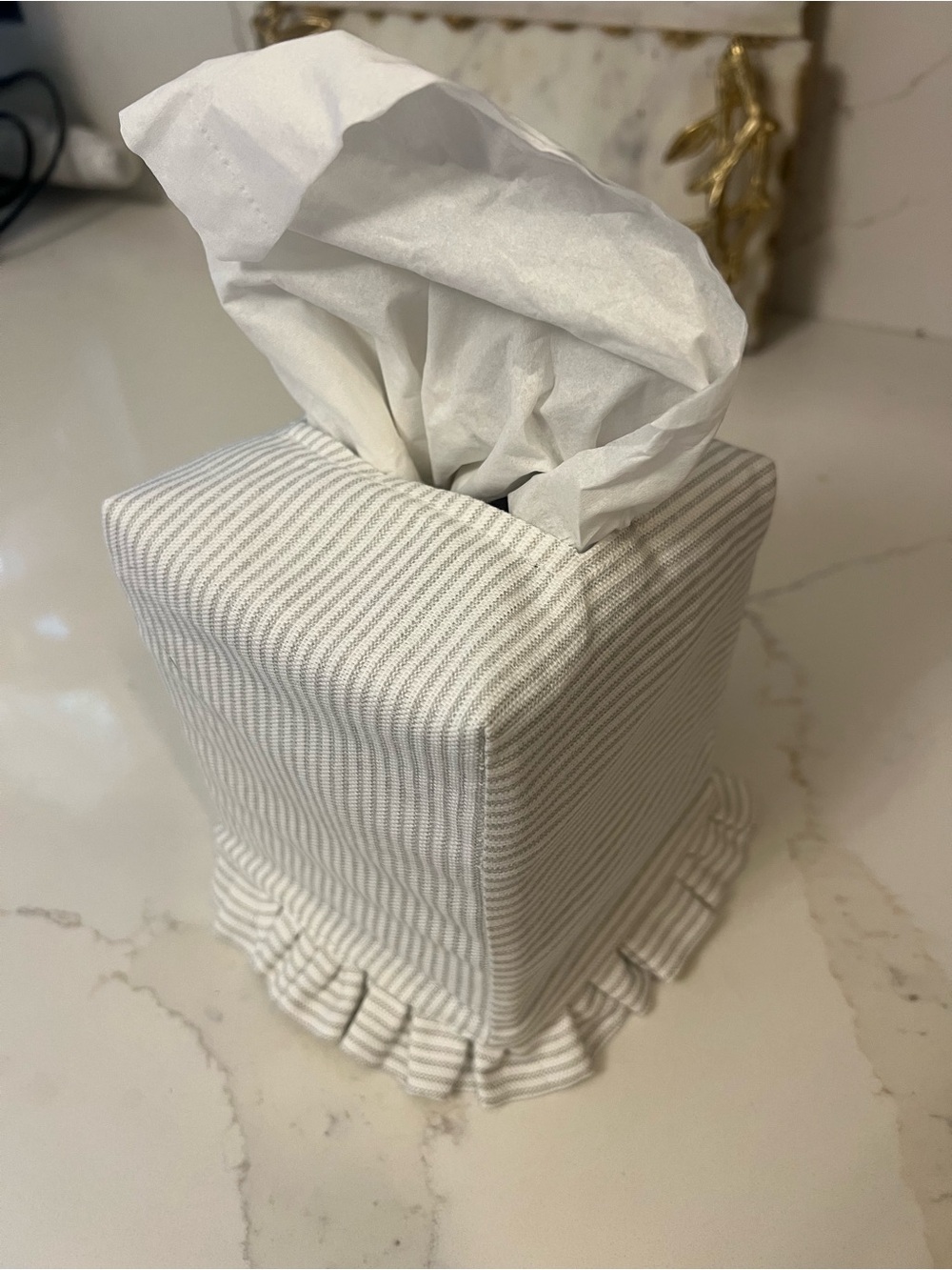 Reversible Tissue Box Cover w Ruffle: Gray Stripe One Side, Blue Floral Reverse
